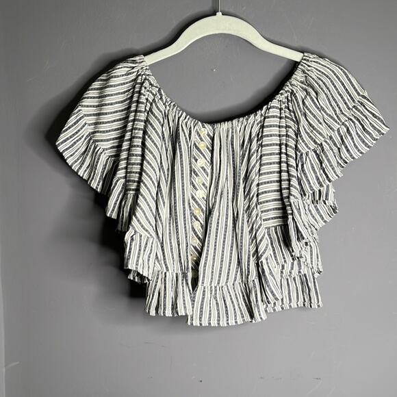 Angie Blue and White Striped Ruffled Off Shoulder Crop Top Size Small - Picture 8 of 8